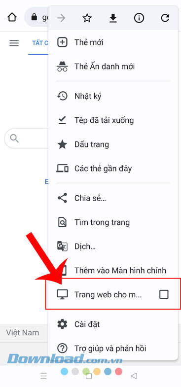 Chạm vào mục Trang web cho máy tính