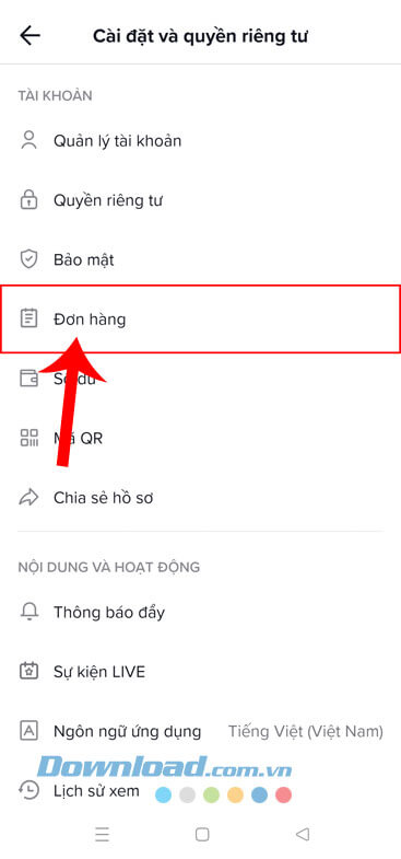 Chạm vào mục Đơn hàng