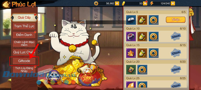 Chạm vào mục Giftcode