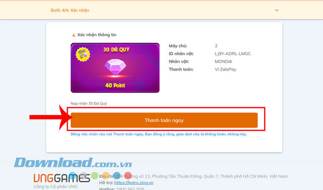 Nhấn vào nút Thanh toán ngay