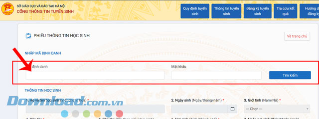 Nhập mã định danh và mật khẩu