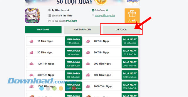 Nhấp chuột vào nút Giftcode