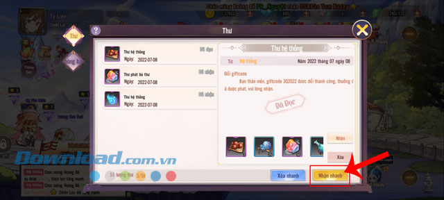 Chạm vào nút Nhận nhanh