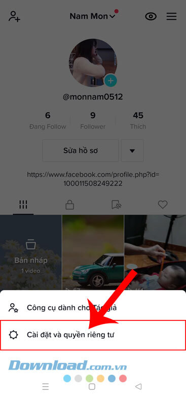 Chạm vào mục Cài đặt và quyền riêng tư