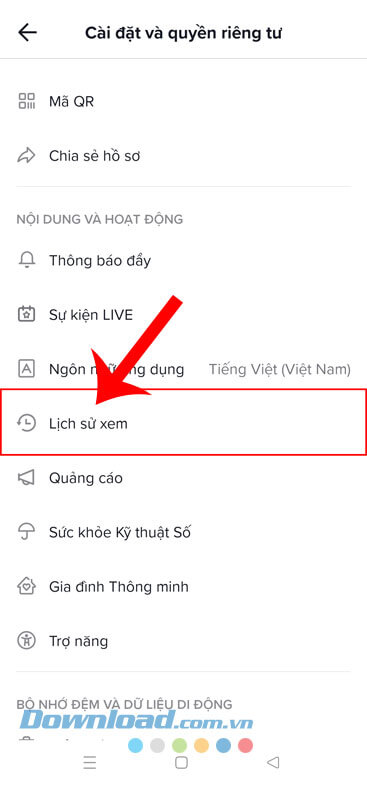 Nhấn vào mục Lịch sử xem