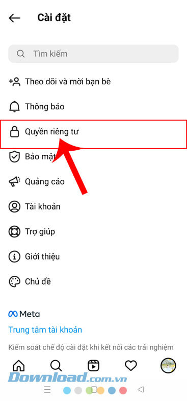 Ấn vào mục Quyền riêng tư