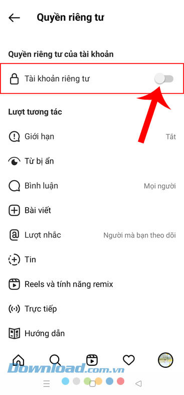 Bật công tắc tại mục Tài khoản riêng tư