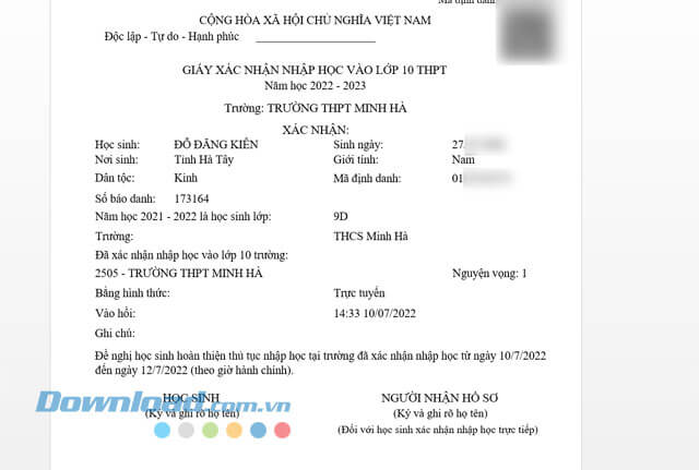 Giấy xác nhận nhập học vào lớp 10 THPT