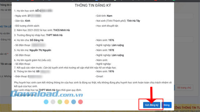 Nhấp chuột vào nút Gửi đăng ký