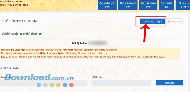 Nhấn vào nút Xuất phiếu thông tin