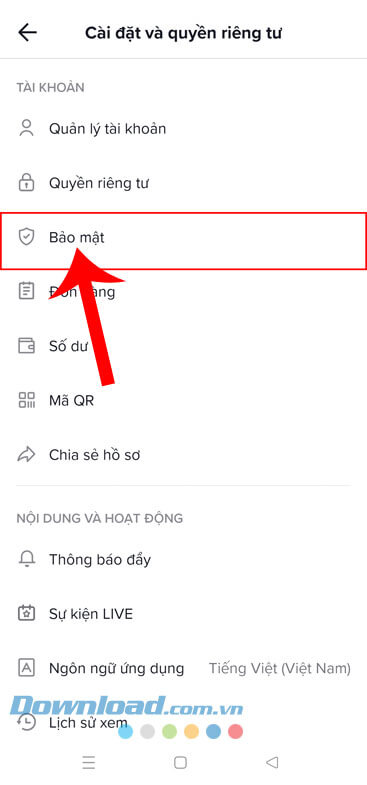 Chạm vào mục Bảo mật