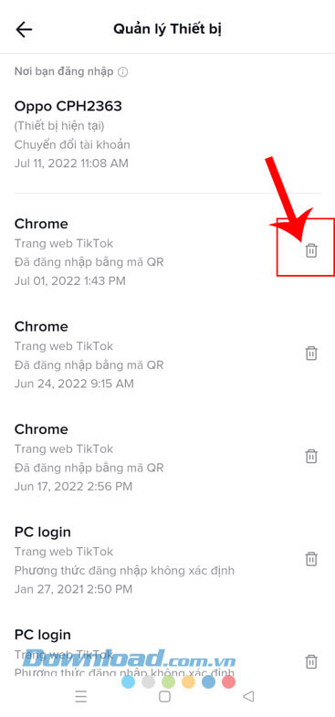 Chạm vào biểu tượng thùng rác