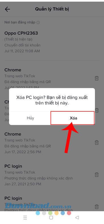 Nhấn vào mục Xóa