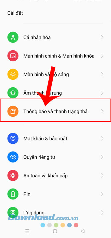 Nhấn vào mục Thông báo và thanh trạng thái