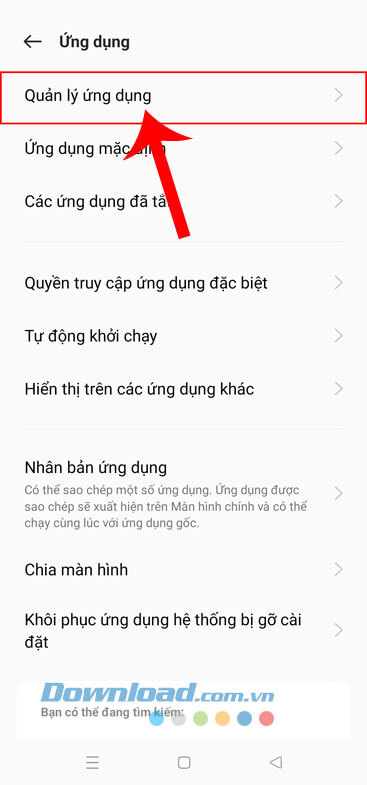 Chạm vào mục Quản lý ứng dụng