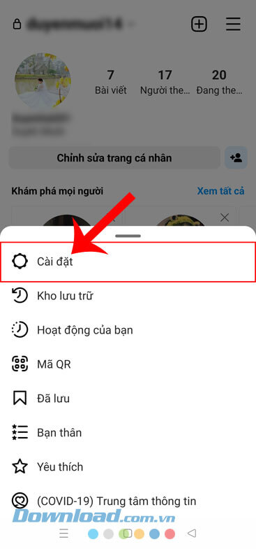 Nhấn vào mục Cài đặt
