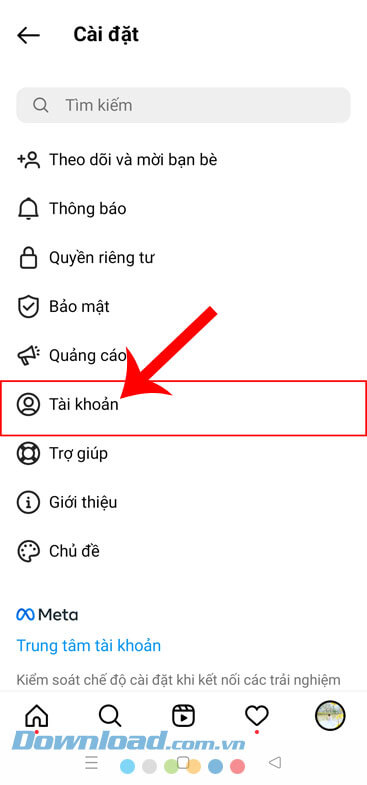 Ấn vào mục Tài khoản