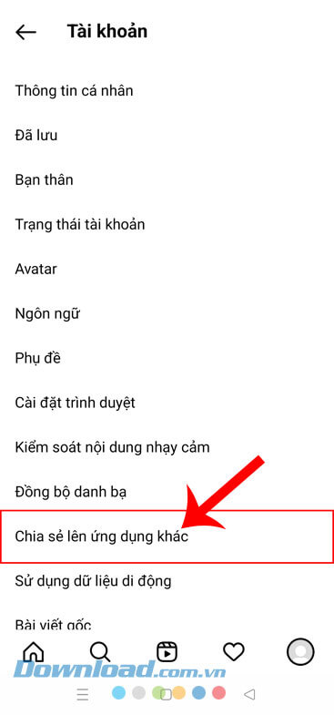 Chạm và mục Chia sẻ lên ứng dụng khác