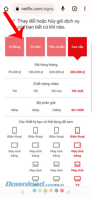 Chọn gói dịch vụ 