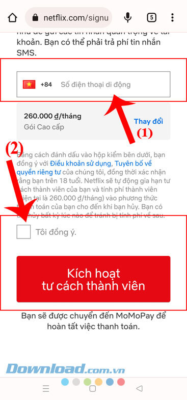 Nhập số điện thoạt đăng ký MoMo