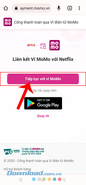 Chạm vào mục Tiếp tục với ví MoMo