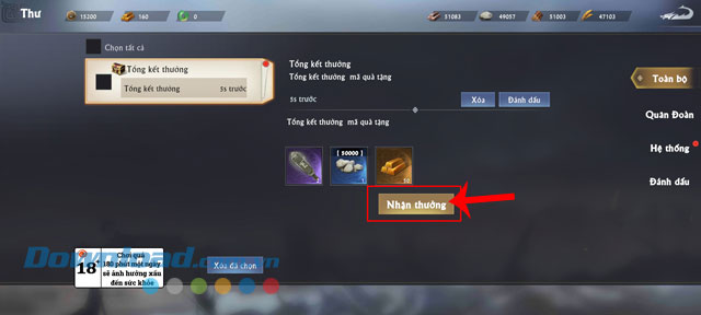 Nhấn vào nút Nhận thưởng