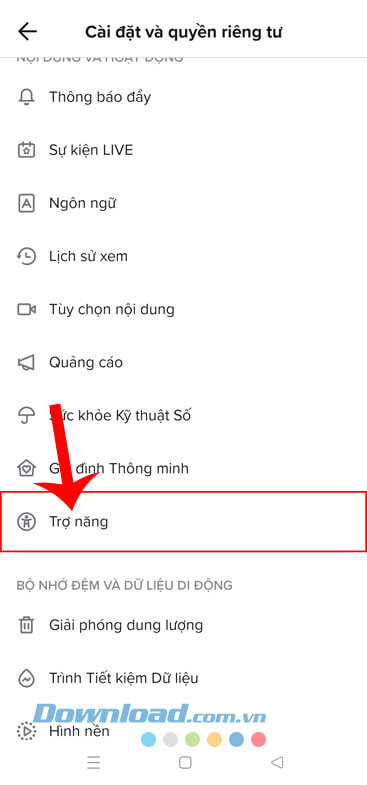 Chạm vào mục Trợ năng