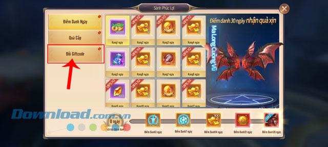 Chạm vào mục Đổi Giftcode