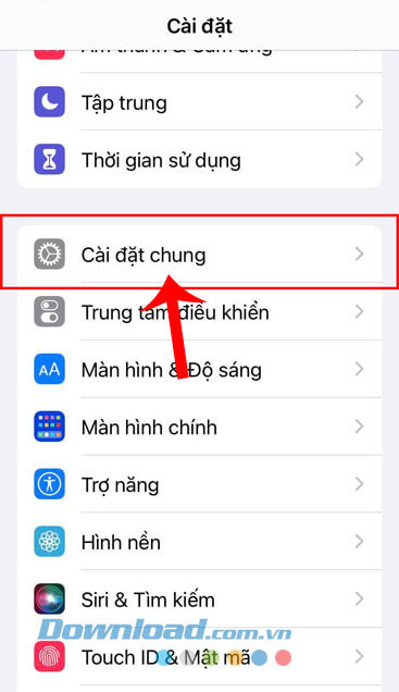 Nhấn vào mục Cài đặt chung