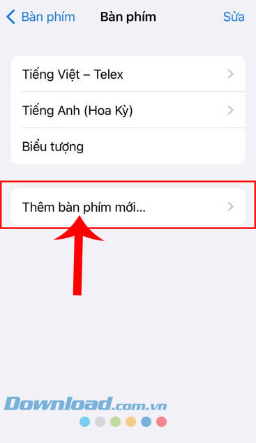 Nhấn vào mục Thêm bàn phím mới