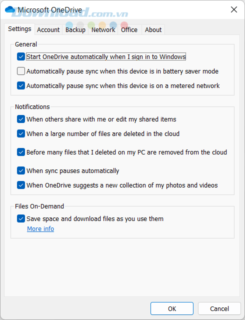 Các tùy chọn thiết lập trên Microsoft OneDrive