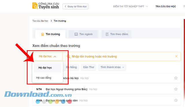 Chọn hệ Đại học hoặc hệ Cao đẳng