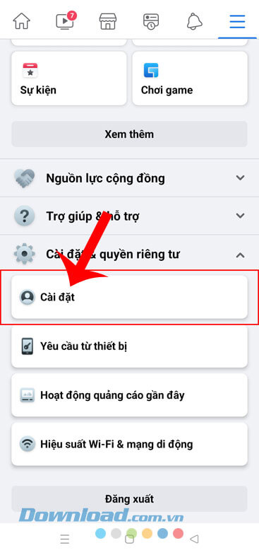 Ấn vào mục Cài đặt