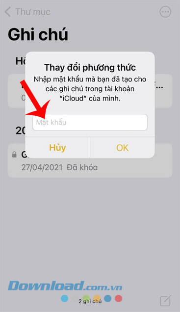 Nhập mật khẩu khóa ghi chú