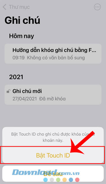 Nhấn vào nút Bật Touch ID