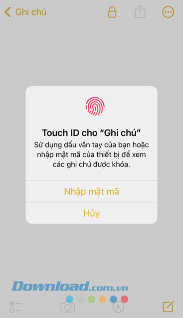 Mở khóa ghi chú bằng Touch ID