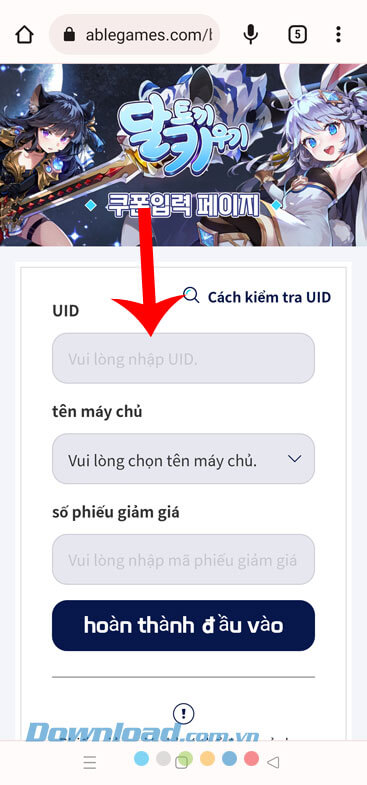 Nhập mã UID, tên máy chủ, mã giftcode