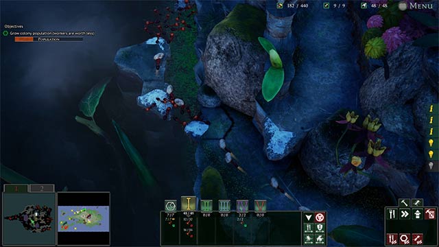 Bắt đầu bằng việc xây tổ, không gian chứa tài nguyên và hệ thống đường hầm để di chuyển lên mặt đất