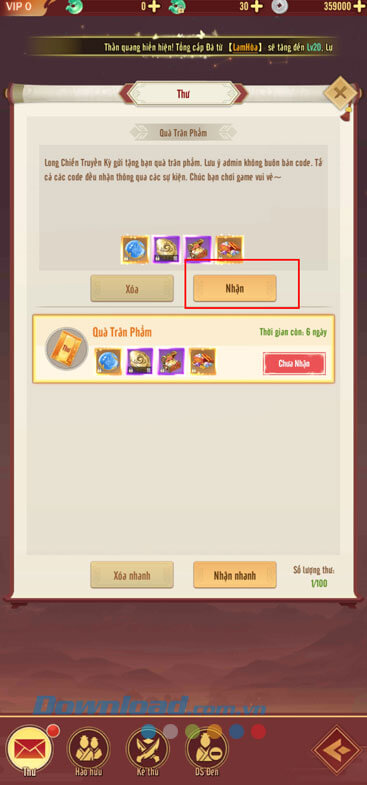 Ấn vào nút Nhận