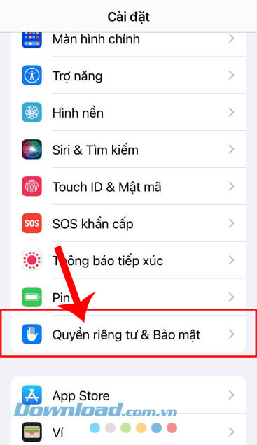 Nhấn vào mục Quyền riêng tư & Bảo mật