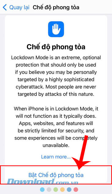 Nhấn vào nút Bật Chế độ phong tỏa