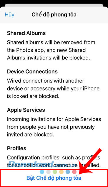 Ấn vào mục Bật Chế độ phong tỏa