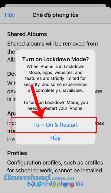 Chạm vào mục Turn On & Restart