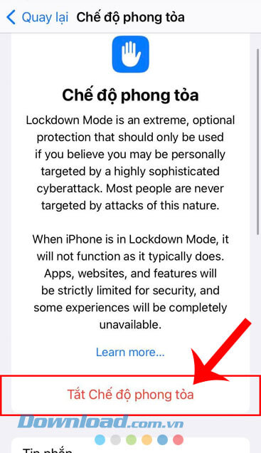 Ấn vào mục Tắt Chế độ phong tỏa