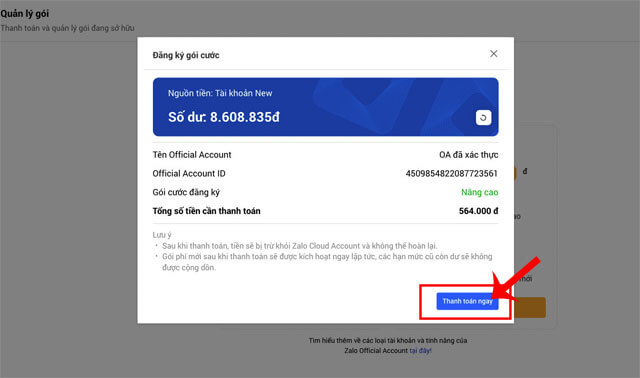 Click chuột vào nút Thanh toán ngay