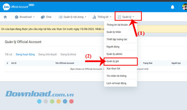 Nhấp chuột vào mục Quản ký > Quản lý gói