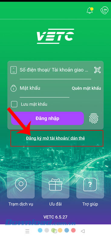 Nhấn vào nút Đăng ký tài khoản/dán thẻ