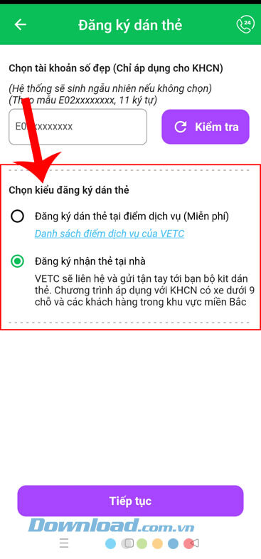 Chọn Đăng ký dán thẻ tại điểm dịch vụ hoặc Đăng ký nhận thẻ tại nhà