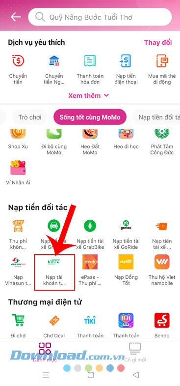 Nhấn vào mục Nạp tài khoản thu phí không dừng VETC