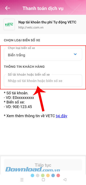 Nhập số tài khoản VETC hoặc biển số xe